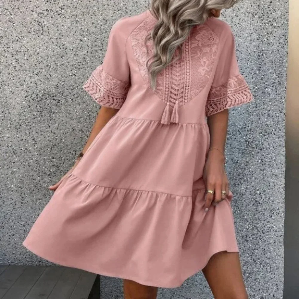 Tassel Tie Ruffle Hem lace detailed mini Dress - Picture 5 of 6